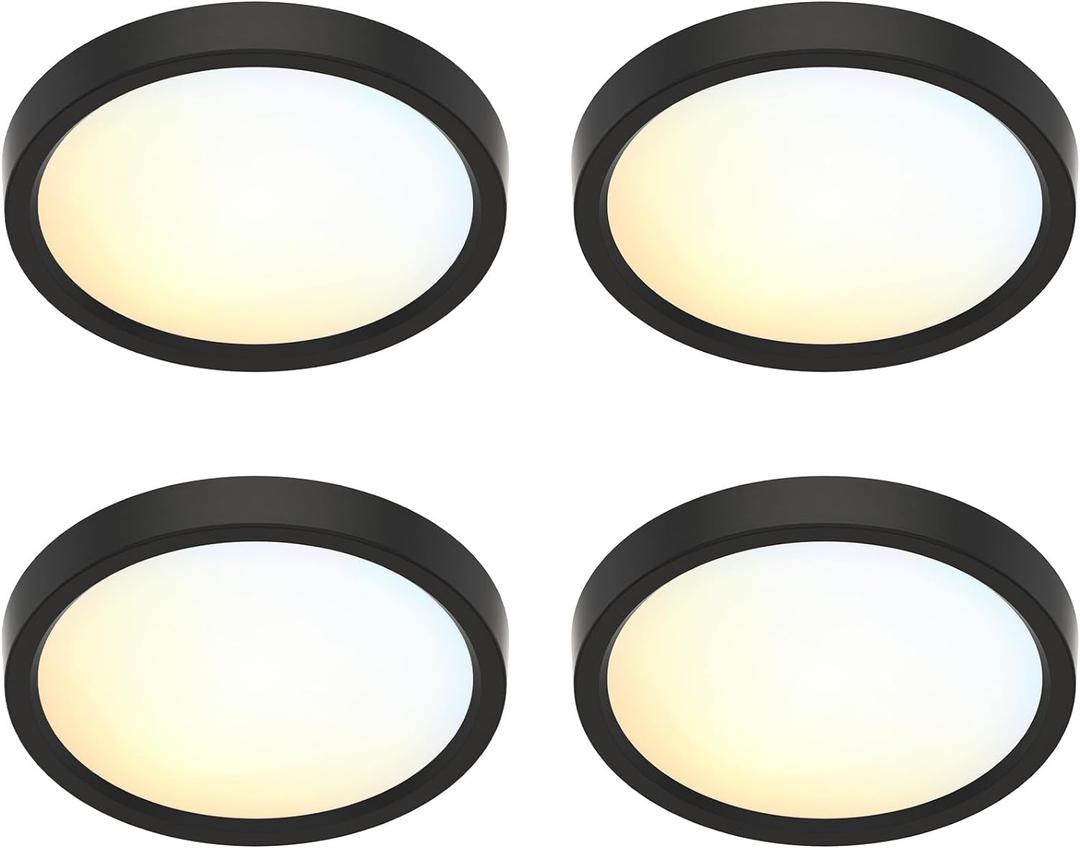 5 Inch Black Flush Mount Ceiling Light 5CCT Selectable LED Edgelit Slim Surface Mount Downlight for J-Box, Mini Flat Panel Light, Dimmable, 120VAC, 10W, 600LM, CRI90, ETL, Wet Rated, 4 Packs
