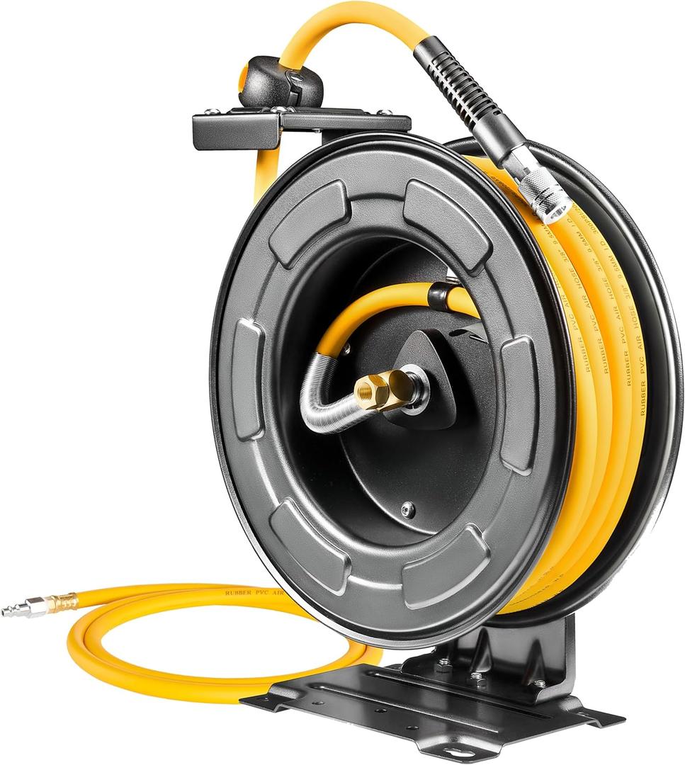 Steel Retractable Air Hose Reel 3/8" Inch x 50' Feet Hybrid Polymer Hose, Heavy Duty Air Hose Reel included Auto Rewind Reel | Quick Air Coupler | Heavy Duty Steel Frame