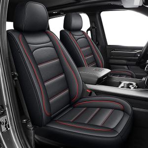Seat Covers Fit for Dodge RAM 1500 2002-2025 2026: Compatible with RAM 1500 2500 3500 Crew Double Quad Cab Truck Pickup Car Seat Cover Faux Leather Seat Covers(Flat Bench, Front Pair, Redline)