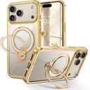 GUAGUA for iPhone 17 Pro Max Case with Stand, 360° Magnetic Rotatable Ring, Clear Back Plating Edge Invisible Ring Holder Slim Shockproof Protective Kickstand Phone Case for iPhone 17 Pro Max, Golden