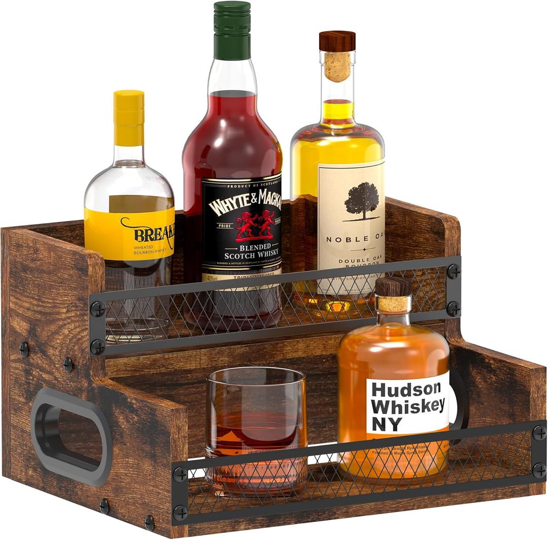 Bottle Display Shelf, Coffee Syrup Rack Organizer, 2 Step Countertop Rack, 8 Bottles Coffee Station Organizer with Fences & Handles, Home Retro Bar Shelf Stand for Whiskey