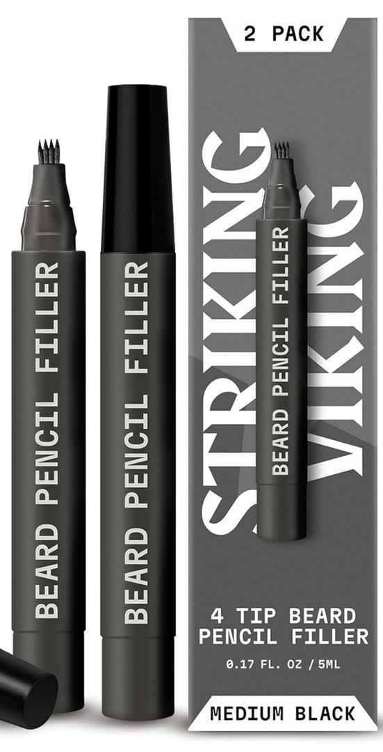 Striking Viking 2 Pack Beard Pencil Filler for Men with 4 Tips (Medium Black) - Fill, Shape & Define with this Long-Lasting, Waterproof Beard Pen 