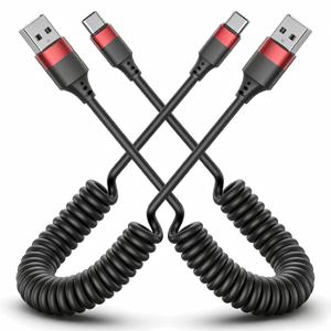 2 Pack USB C Coiled Cable CarPlay, Fast Charging USB to USB C Cord for Samsung Galaxy S25, Moto G9, Google Pixel, iPhone 17/17 Pro Max, Retractable for Car