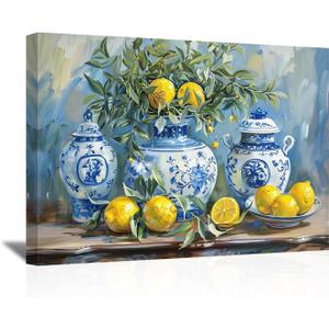 SWQYLB Lemon Wall Art Kitchen Picture Vintage Citrus Fruit Canvas Prints Yellow Lemon with Pottery Blue Classical Painting Rustic Farmhouse Decor Framed (Blue, 12.00" x 18.00")