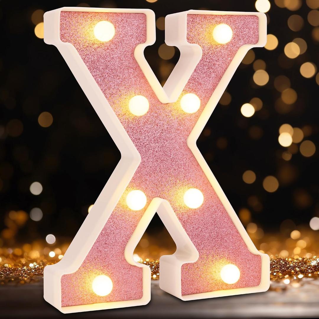 Small Led Marquee Letters, Light Up Letters, 8.58 Inch Led Letter Lights, Battery Powered Lighted Sign for Table, Party, Birthday, Christmas Decor (Pink Glitter, Letter X)