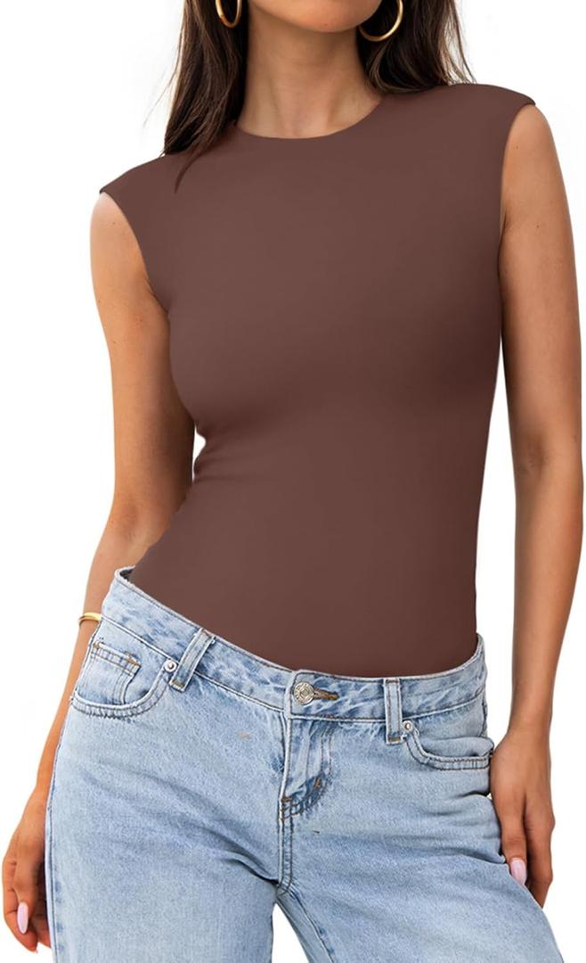 PINKMSTYLE Womens Crew Neck Sleeveless Bodysuit Double Lined Stretchy Fitted Basic Thong Body suit Tank Tops (Small, Coffee)