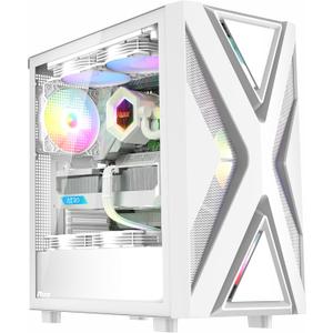 RUIX CV203 ATX Mid-Tower PC Case, Pre-Installed 4 x 120mm RGB Fans, RGB Color Lighting, Tempered Glass, USB 3.0, Multi-Purpose, High-Airflow - White 