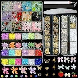 3D Nail Charms for Nail Art Kit, Mix Nail Flowers Bow Gold Nail Charms and Gems, Flatback Pearls Charms Gems AB Rhinestones for Nails Art Tools, Silver Butterfly Charms Nail Decor DIY Accessories