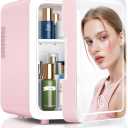 CUTIEWORLD Skincare Fridge With Dimmable LED Light Mirror, 4L Makeup Mini Fridge for Bedroom, Car, Office & Dorm, Cooler & Warmer, Portable Small Refrigerator for Cosmetics, Skin Care and Food, Pink