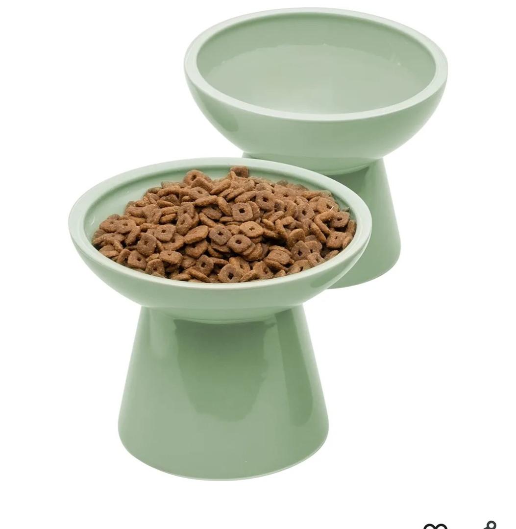 CEEFU 2 Elevated Ceramic Cat Bowls Extra Wide for Food & Water – Whisker Fatigue Shallow Food Dish, Lead & Cadmium-Free, Raised Height for Cats, Sage Green