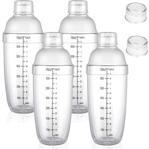 Cedilis 4 Pack Plastic Shaker Cocktail with Extra 2 Cap, 700cc / 24 oz Clear Boba Tea Shaker Matcha Shakers Cup for Milk Wine Coffee Mixing, Bar Tool Hand Drink Mixer with Scales