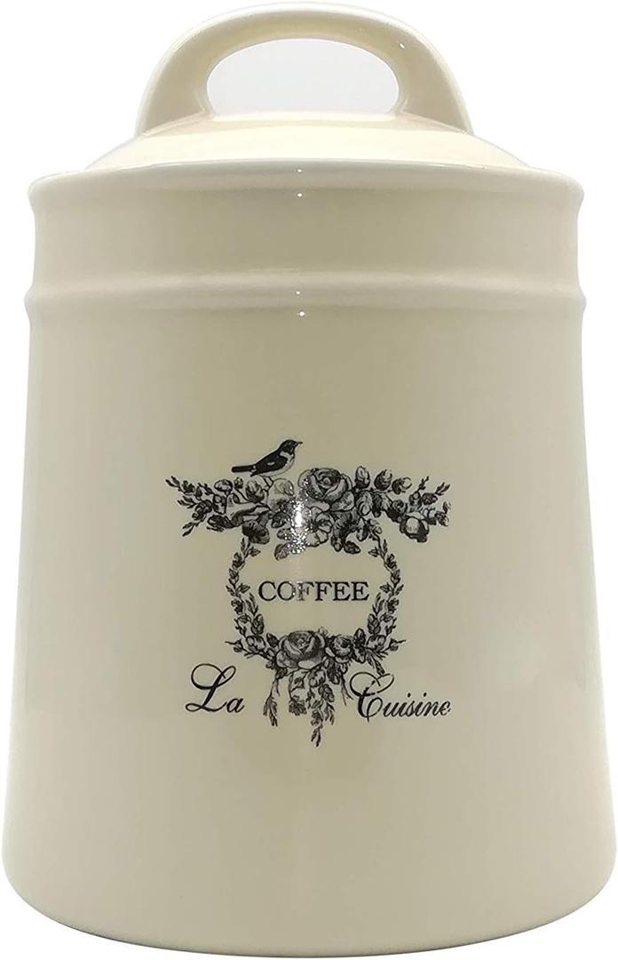 Ceramic Coffee Canister Jars, Airtight Coffee Storage Container with Handle Lid, Ceramic Food Storage Jars for Coffee Beans, Vacuum Sealed Vintage Kitchen Canisters Large,8.5 inches (Beige)
