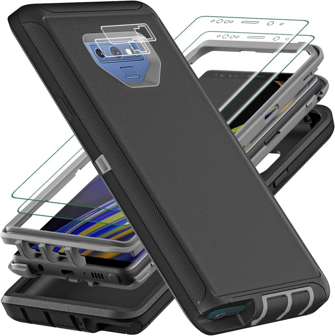for Samsung Galaxy Note 9 Case with 2Pcs [Self Healing Flexible TPU Screen Protector & Camera Lens Protector] Military Grade 3 in 1 Heavy Duty Case for Galaxy Note 9 6.4 inch (Black/Grey)