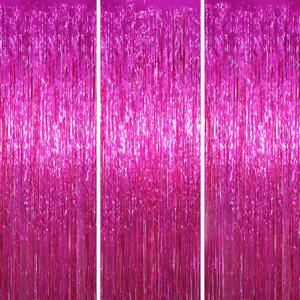 3 Pack 3.3x8.2 Feet Pink Foil Fringe Backdrop Curtains, Tinsel Streamers Birthday Party Decorations, Fringe Backdrop for Graduation, Baby Shower, Gender Reveal, Disco Party