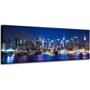 Biuteawal New York Wall Art Living Room Decor Beautiful Manhattan City Skyline Night Light Photo Poster Prints on Canvas Blue Cityscape Picture for Home Office Bedroom Decoration Ready to Hang