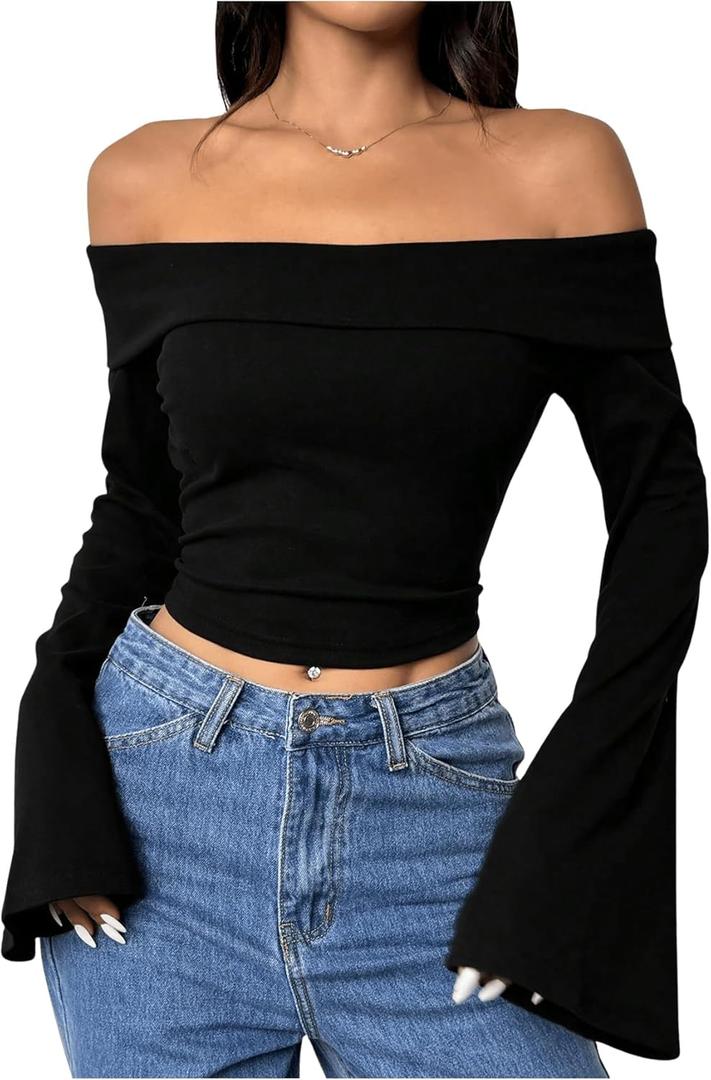 SOLY HUX Women's Long Bell Sleeve Crop Top Off The Shoulder Going Out Tops Sexy Y2K Fitted Tee Shirts (Medium, Pure Black)