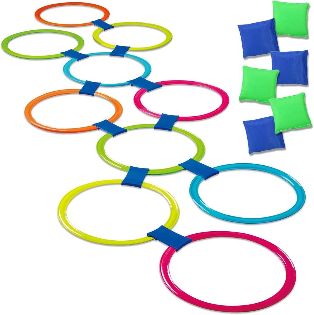 2-In-1Hopscotch & Bean Bag Toss,Combine Hopscotch Rings with Bean Bag Toss Game, Bean Bag Toss Game for Kids,Hopscotch Outdoor Game,Agility Rings,Fun Playground Toys for Boys and Girls