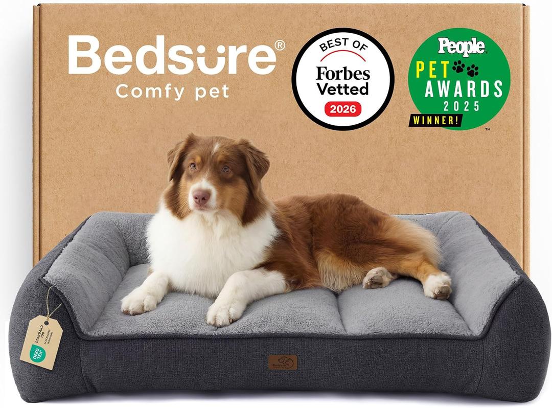 Bedsure SupportMax Orthopedic Dog Beds Large Sized Dog - Extra Thick Supportive Large Dogs Bed with Waterproof Washable Cover, L Plus Comfort Pet Sofa with Soft Sherpa and Nonskid Bottom, Grey, 38"l X 28"w X 8.5"th, Grey