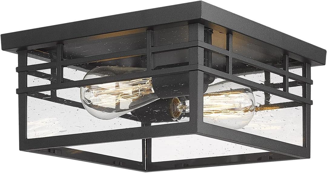 Darkaway Ceiling Light Fixtures, Flush Mount Industrial Hallway Light Fixtures Ceiling with Seeded Glass Shade for Outdoor Entryway Bedroom Kitchen Living Room 2-Light E26 (Black-Square)