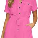 GRAPENT Women's Aurora Pink Summer Button Down 100% Cotton Rompers Casual Short Sleeve Pockets Belted Short Jumpsuits Playsuits for Women, Size Small 