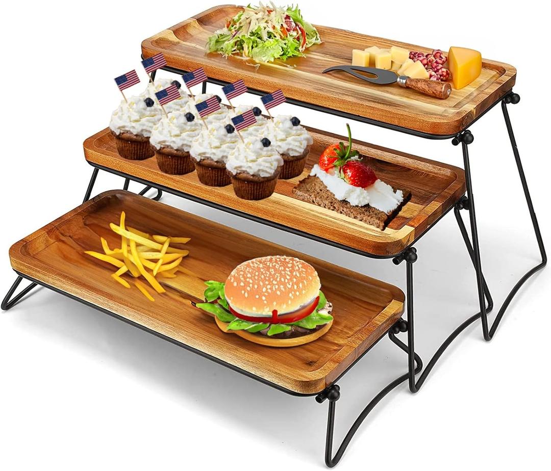 Eco-Friendly Cupcake Stand - Cheese Charcuterie Boards - Food Platter Serving Tray - Acacia Wooden Tower Dessert Table Display Set - 3 Tiered Decor Small Rustic Wood Platter Trays - For Family Parties