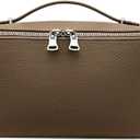 EACHY Travel Makeup Bag, Lychee Leather Large Capacity Cosmetic Bag for Women, Open Flat Toiletry Bag with TPU Brush Compartment, Waterproof Skincare Organizer Travel Essentials (Medium, AA-Khaki)