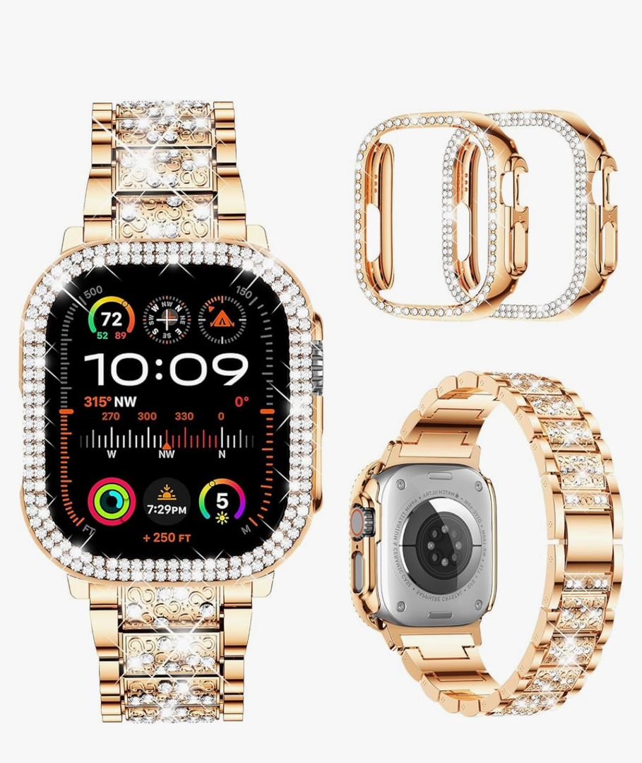 Mosonio Compatible with Apple Watch Band 38mm 40mm 41mm 42mm 44mm 45mm 46mm 49mm with 2 Pack Case Women, Jewelry Replacement Metal Bands Strap with Bling PC Protective Case for iWatch Ultra SE Series 11/10/9/8/7/6/5/4/3/2/1