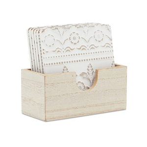 Juvale Set of 6 White Wooden Coasters with Holder for Drinks, Coffee Table, and Floral Farmhouse Decor (3.8 Inches) - Coasters Set
