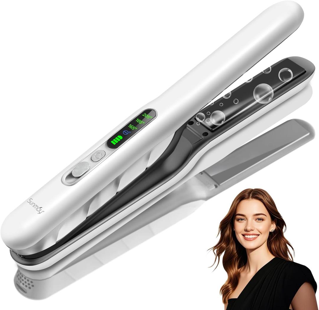 Cordless Hair Straightener, SUNMAY 2-in-1 Titanium Flat Iron Curler with Negative Ion, Dual NTC Temperature Control, 20s Fast Heat-Up, 3 Heat Settings, USB Rechargeable Portable Travel Straightener (White Plus)