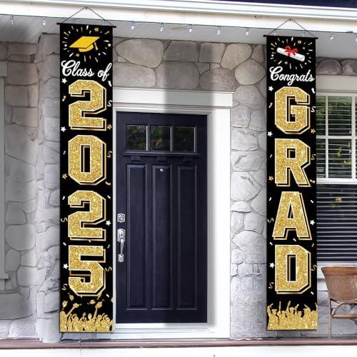 Graduation Decorations 2025, Graduation Banner Class of 2025, Hanging Congratulations/Congrats Grad Banner for Door and Porch, Party Decor - Black