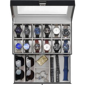 ProCase Watch Box, 12 Slot Mens Watch Case With Drawer, 2-Layer Watch Display Case With Glass Lid, Mens Jewelry Box Storage Holder Organizer, Birthday Valentine Gifts for Men -12Slot, Black