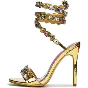 LISHAN Women's Diamante Rhinestones Studded Stilettos Ankle Wrap High Heels (9.5, Gold)