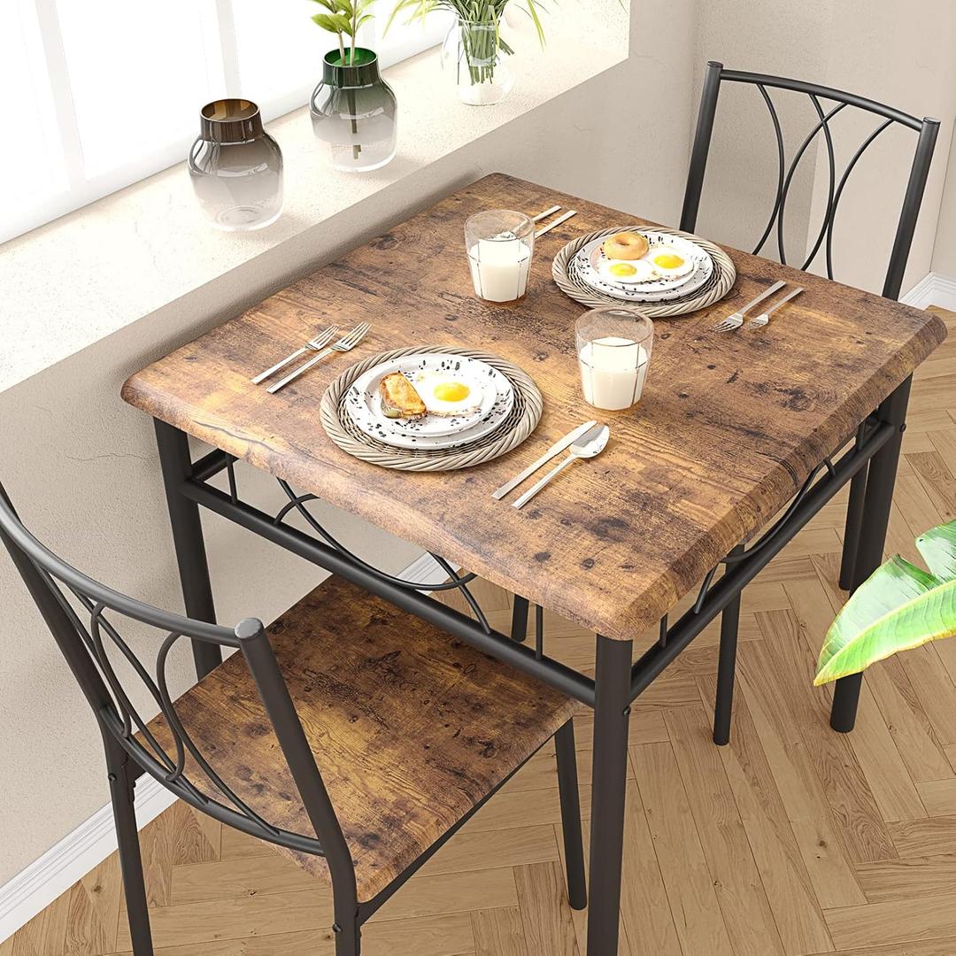 CABIHOME Dining Table Set for 2, 3 Piece Kitchen Table Set for 2, Square Kitchen Table Set of 2, Dining Table Set for Small Space, Apartment, Dining Room, Retro Brown (Table with 2 Wood and Metal Chairs)