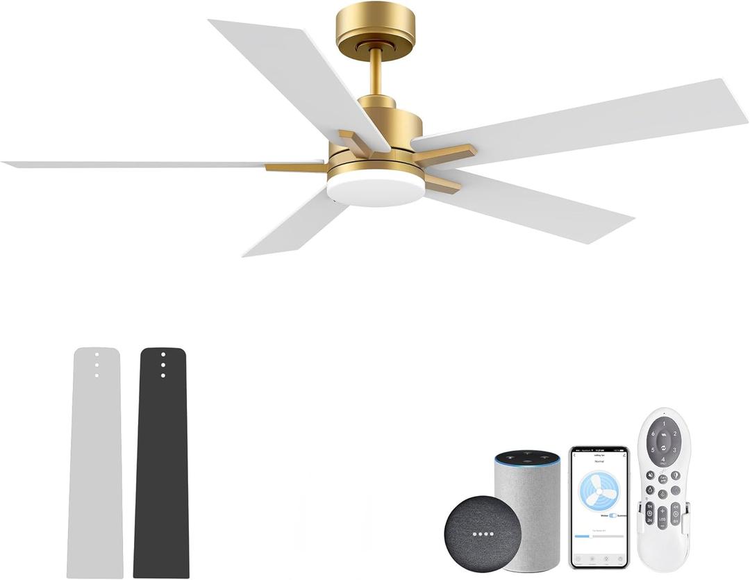 Lorpies 52” Smart Ceiling Fan with LED Lights Remote, Quiet DC Motor, Voice Control via Alexa Google WIFI Phone, Outdoor Indoor Modern Ceiling Fans, Dimmable, for Bedroom Patio Porch, Gold and White Black