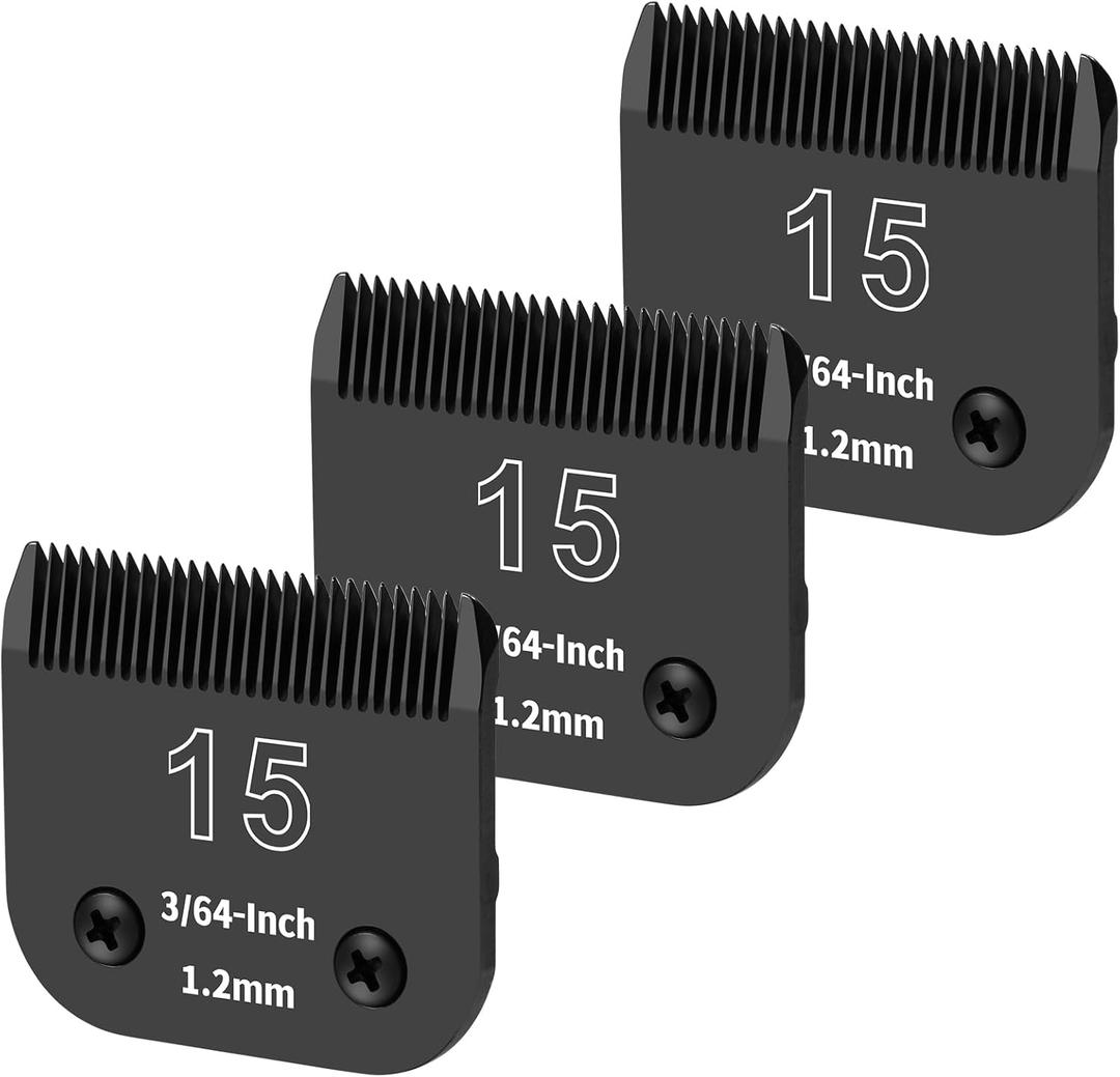 3 Pack 15# Detachable Dog Grooming Steel Blades,Compatible with Andis,Oster A5,Wahl KM-10 Series,Cut Length 3/64" 1.2MM Black