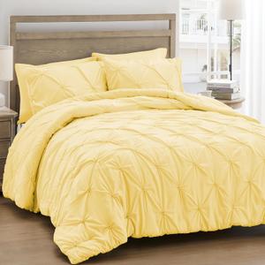 UNIKOME King Size Comforter Set Yellow - Ultra Soft Boho Pintuck Down Alternative Bedding Set for All Seasons, 3 Pieces Lightweight Warm Pinch Pleat Bed Set with Comforter, 2 Pillowcases