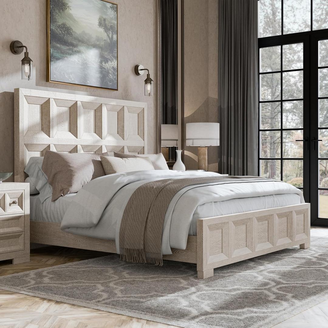 Furniture of America Dannen Modern Classic Solid Wood Bed Frame with Ornamental Coffered Panels, Wooden Bedframe for Bedroom, Guest Room, Box Spring Needed, Queen, Tawny Brown