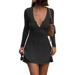 Women Sexy Deep V Neck Button Front Knit Mini Dress Elegant Long Sleeve Ribbed Flowy Hem A-Line Short Dresses