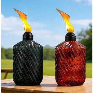 2 Pack Glass Table top Torches, 14 oz Citronella Torches for Outside (Burn Time: 10 Hours) with Wicks & Covers, Decorative Outdoor Torches for Patio, Garden, Yard & Party, Black and Red
