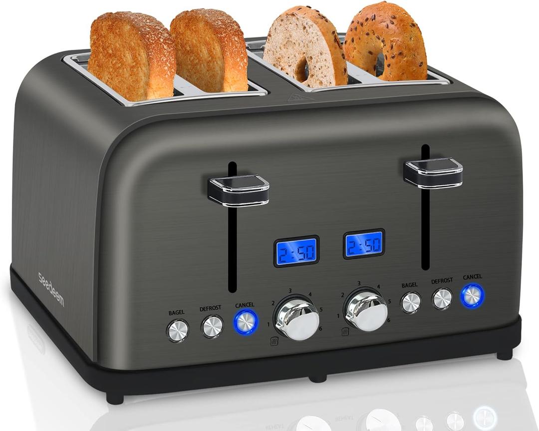 SEEDEEM Toaster 4 Slice, LCD Display, 6 Shade Settings, 1.5'' Wide Slots, Digital Stainless Toaster for Bagel, Defrost, Reheat, Dual Control, Removable Crumb Tray, 1500W, Dark Metallic