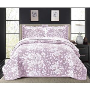 Soft Luxury Floral Queen Size Bedspread Set, 3 Piece Quilt with 2 Pillow Shams, Lavender Rose Pink Bedding, All Season and Reversible Bed Cover, for Traditional, Modern and Farmhouse Decor