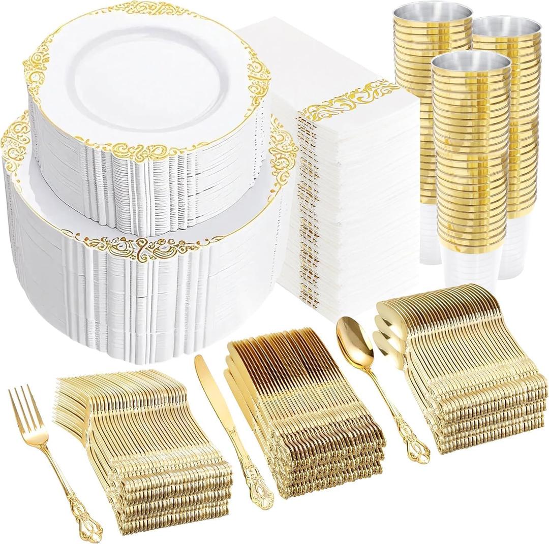 YOUBET 700PCS Gold Plastic Dinnerware Set - White and Gold Disposable Plates for 100 Guest - 200 Disposable Plates, 300 Heavy Duty Plastic Silverware, 100 Cups,100 Napkins for Wedding