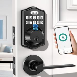 Keyless Entry Door Lock deadbolt with Handle Set- Front Door Fingerprint Smart Locks with 2 Lever Handles-Keypad Code Deadbolt -App Control,Auto Lock, Easy to Install (Black)