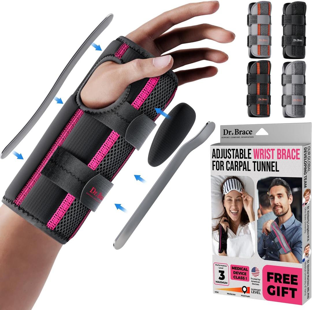DR. BRACE Adjustable Wrist Brace Night Support for Carpal Tunnel, Doctor Developed, Upgraded with Double Splint & Therapeutic Cushion,Hand Brace for Pain Relief,Injuries,Sprains (L/XL Left Hand, Black-Pink)