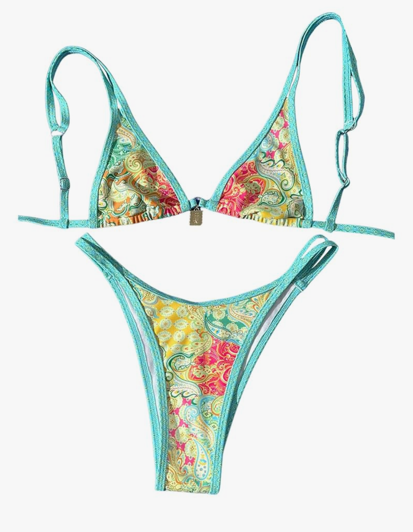 MakeMeChic Women's Triangle Thong Bikini Sets High Cut Swimsuit Bathing Suit Swimwear Size Small