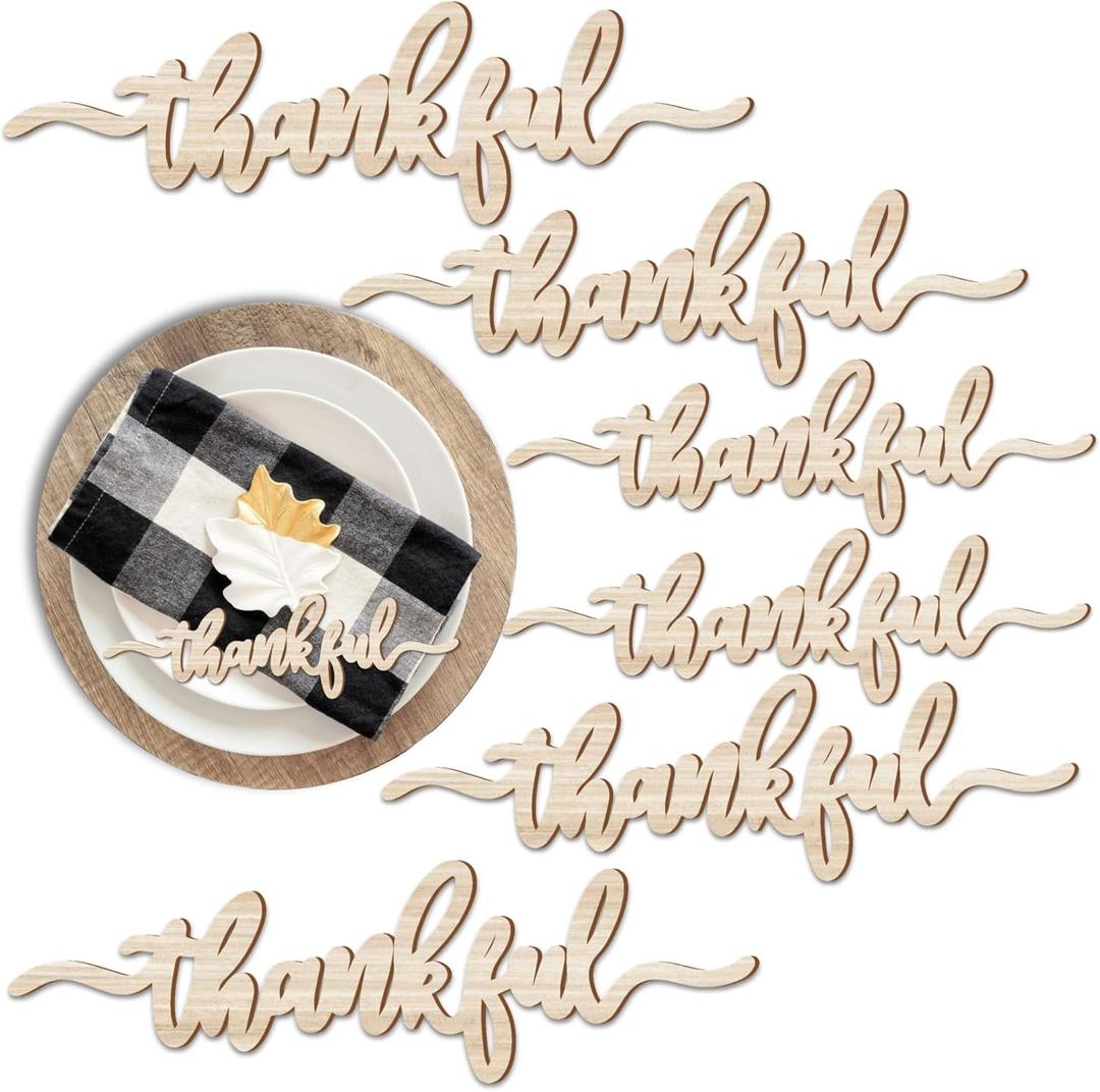 Thanksgiving Place Cards Blessed, Thankful, Grateful Wood Signs Fall Dining Table Plate Ornament Farmhouse Home Table Setting Decor 6 Pack (Thankful)