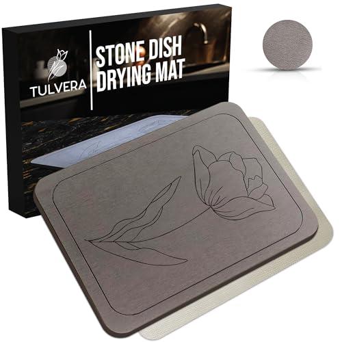 TULVERA Stone Dish Drying Mat for Kitchen Counter – Diatomaceous Earth Drying Mat | Fast-Absorbing, Minimalist Design, Durable Diatomite | Non-Slip, Heat Resistant, Easy-to-Clean | 16"x12" | USA Brand