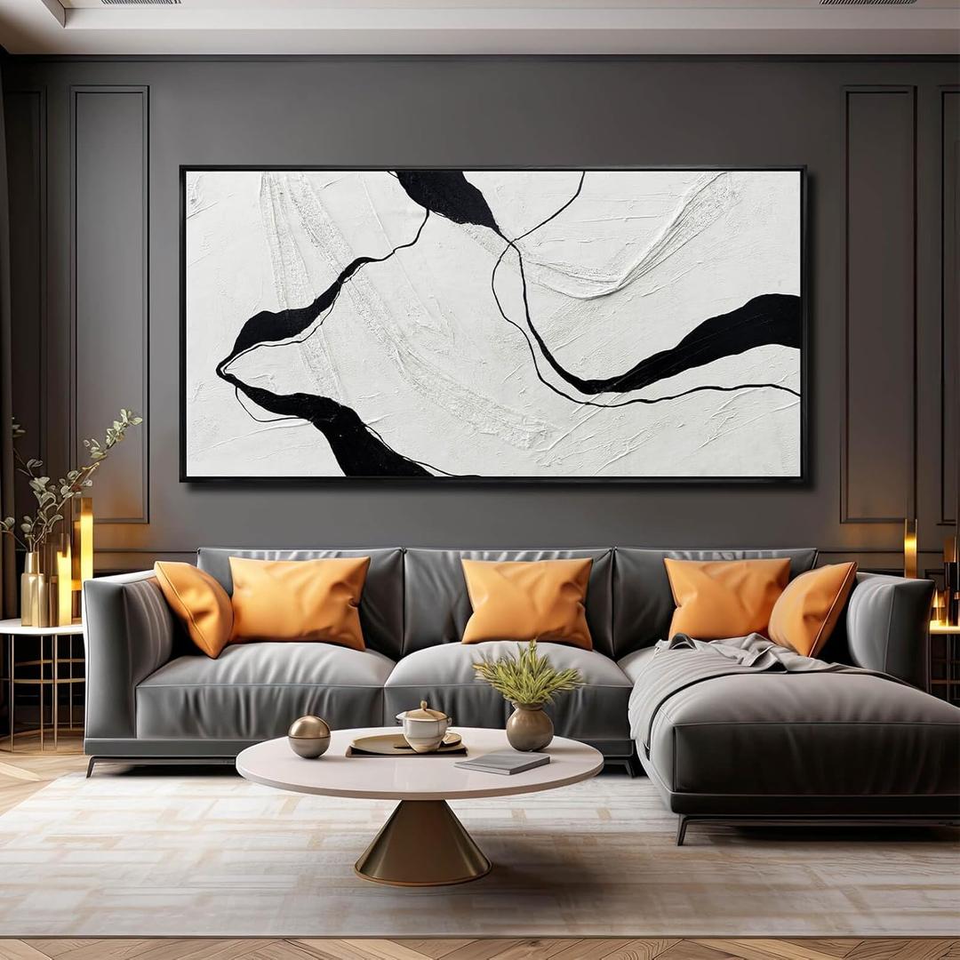 Large Framed Abstract Wall Art 29"x58" Black and White Contemporary Line Canvas Neutral Wall Decor for Modern Living Room Office Bedroom