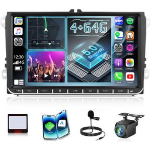 [4+64G] Upgrade Stereo for VW Passat Jetta Seat Golf Tiguan Beetle Skoda Polo Touran - Wireless Carplay & Android Auto, Shortcut, Custom Homepage, AI DSP, GPS, WiFi, SWC + Canbus + AHD Backup Camera
