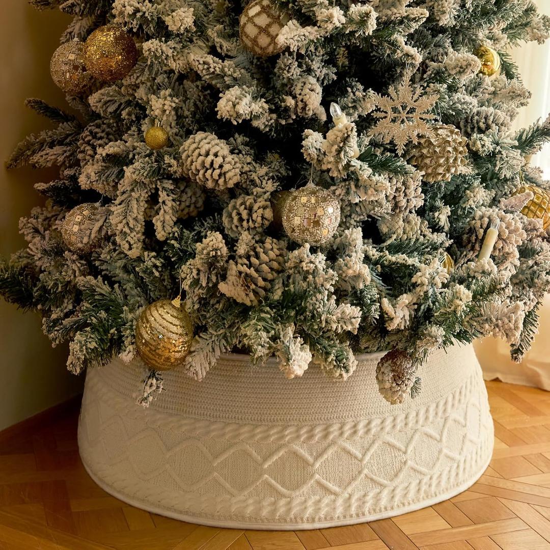 Christmas Tree Collar, Knit White Rustic Farmhouse Christmas Tree Skirt,Adjusted Christmas Tree Base Cover for Artificial Trees for 6ft 6.5 ft 7ft 7.5ft Tree